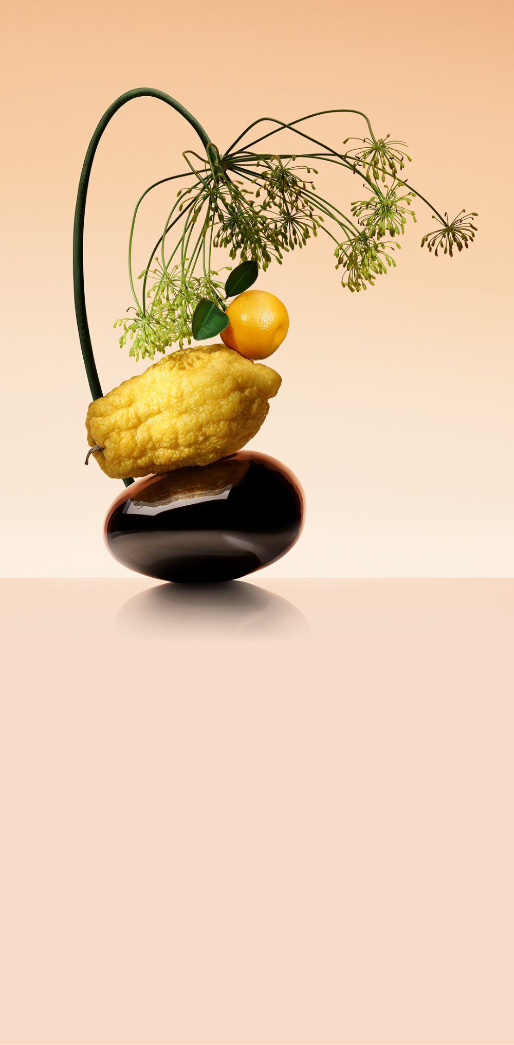 Armani/prive Orange Mediterranee: artistic ikebana arrangement with cedrat, bitter orange and fennel, set against an elegant gradient background.