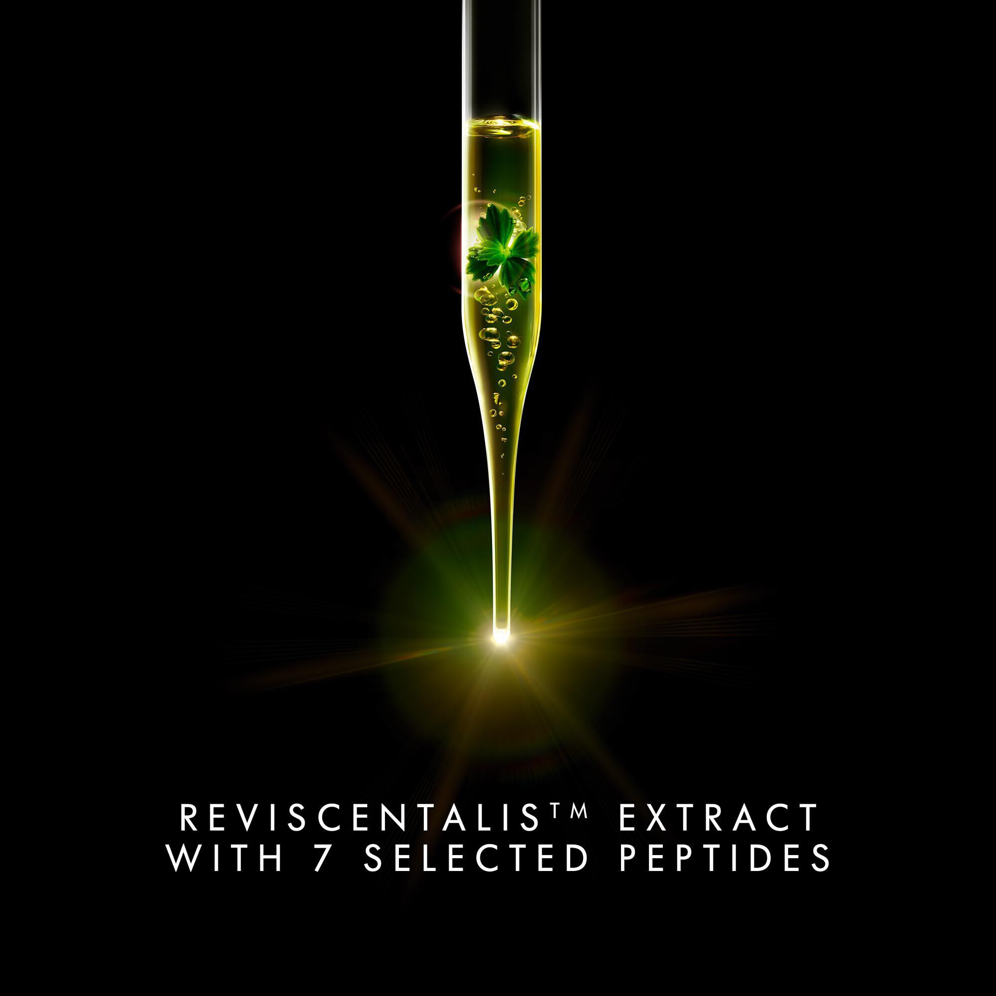 A dropper filled with a green extract, featuring small leaves, against a black background with the text "REVISCENTALIST™ EXTRACT WITH 7 SELECTED PEPTIDES" below.