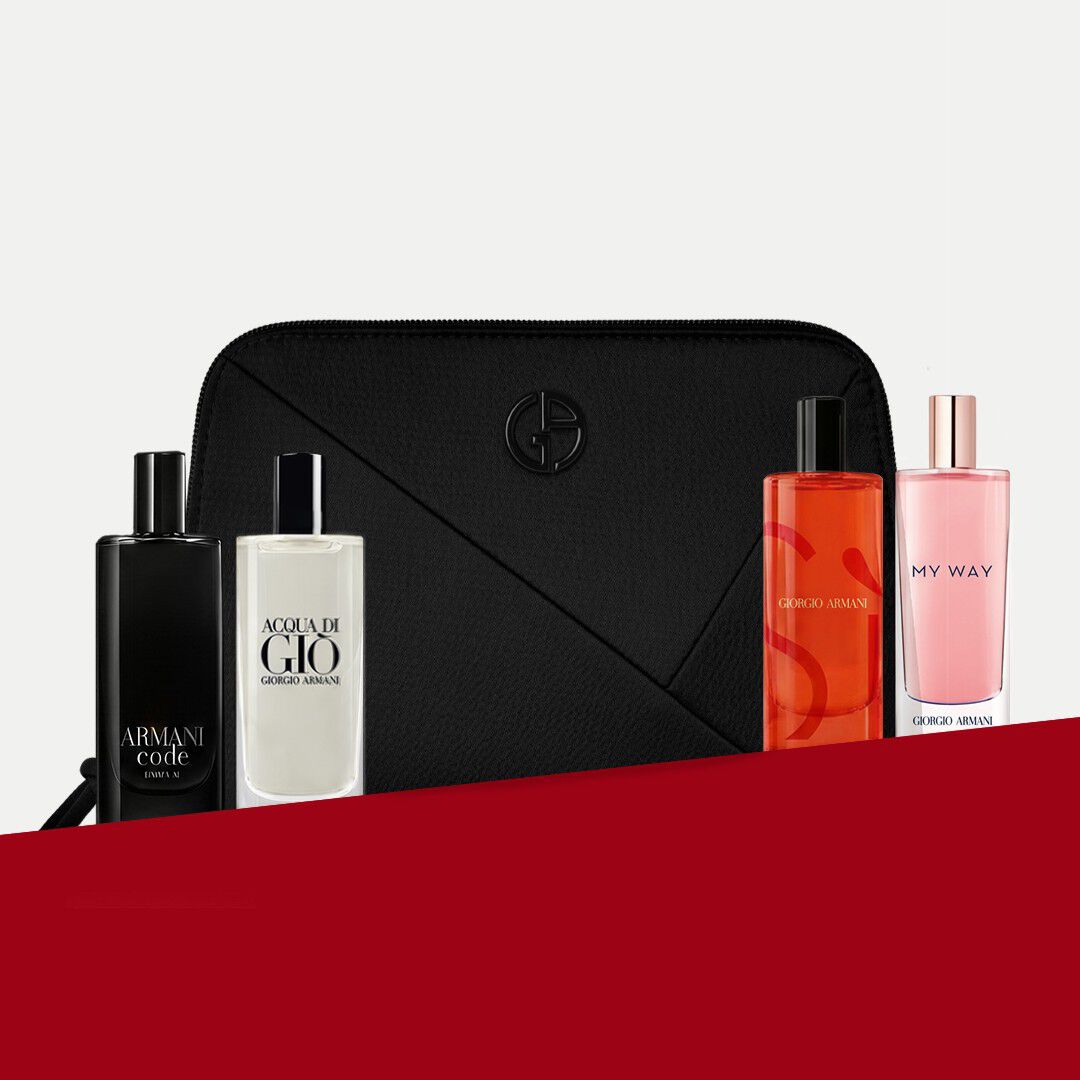 Ein exquisites Duo von Armani-Ikonen: die Dufte Si und My Way, kombiniert mit einer eleganten schwarzen Kosmetiktasche in Couture-Struktur. Eine Feier der Schenkkunst des Hauses, die zeitlose Eleganz und moderne Raffinesse vereint.