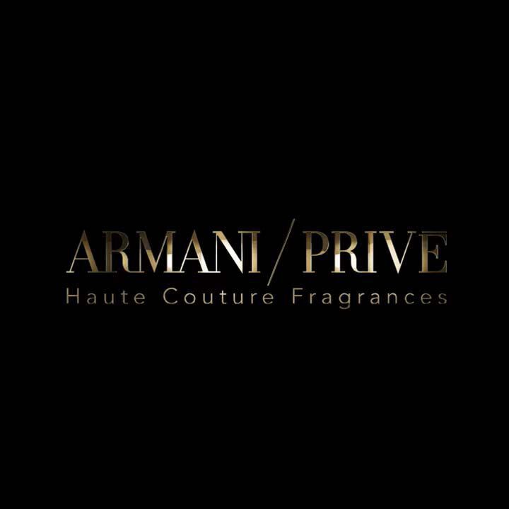 Logo of Armani Prive, featuring the text "ARMANI/PRIVE" and "Haute Couture Fragrances" in an elegant font against a black background.