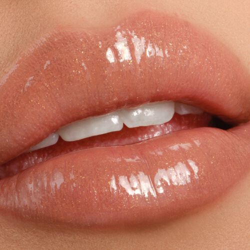Armani Prisma Flash 10 Amber Flash lipstick on lips, featuring a radiant amber-brown hue with high shine.