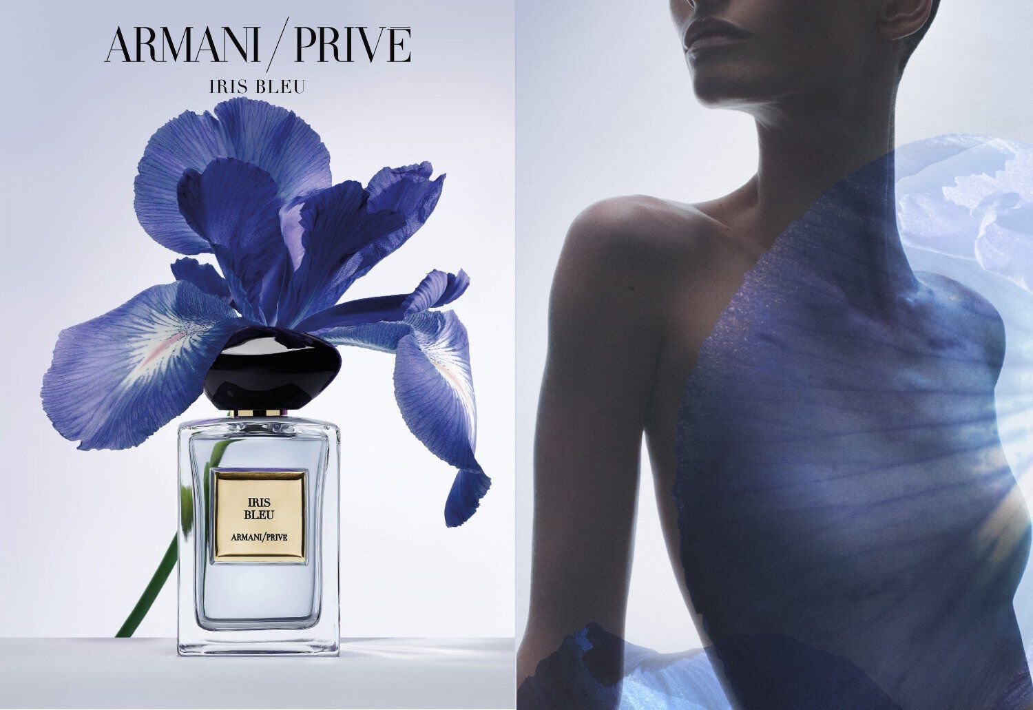 A bottle of Armani Prive Iris Bleu perfume beside a silhouette of a model with a floral design, emphasizing elegance and luxury.