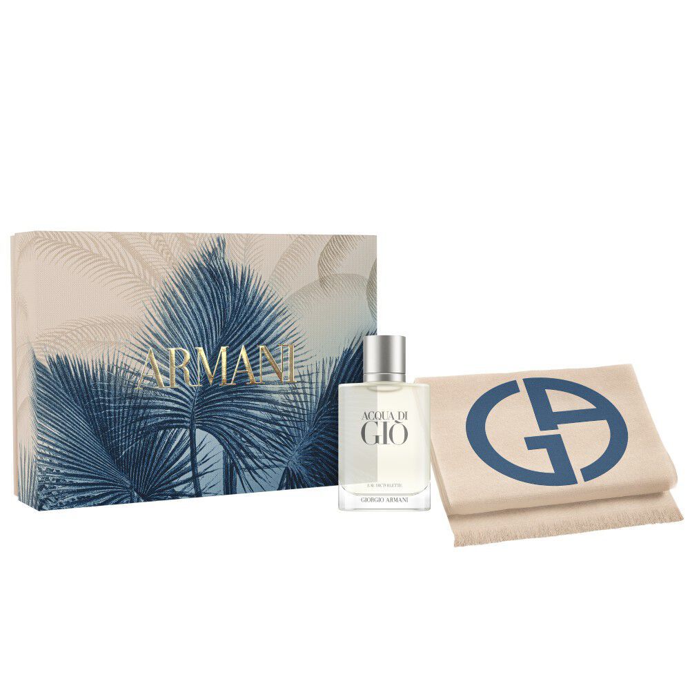 Armani beauty Acqua di Gio men's fragrance gift set. Featuring the iconic Eau de Toilette bottle alongside an elegant tropical-patterned box and a signature beige towel with the blue GA logo.