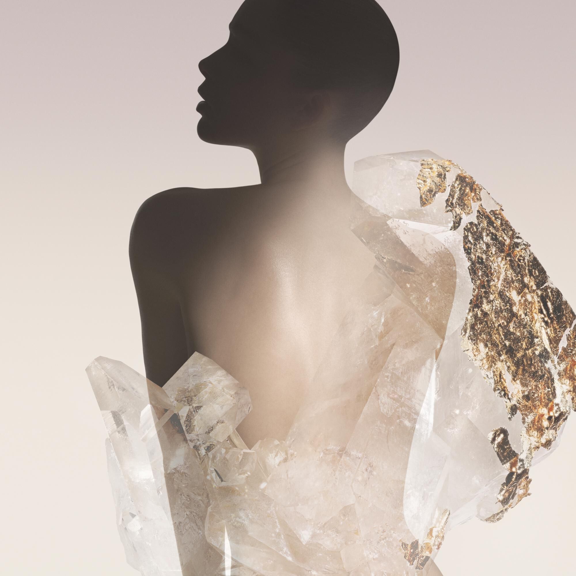 Armani/Prive Blanc Kogane: elegant silhouette with crystalline textures, expressing the fragrance’s ethereal and modern elegance.